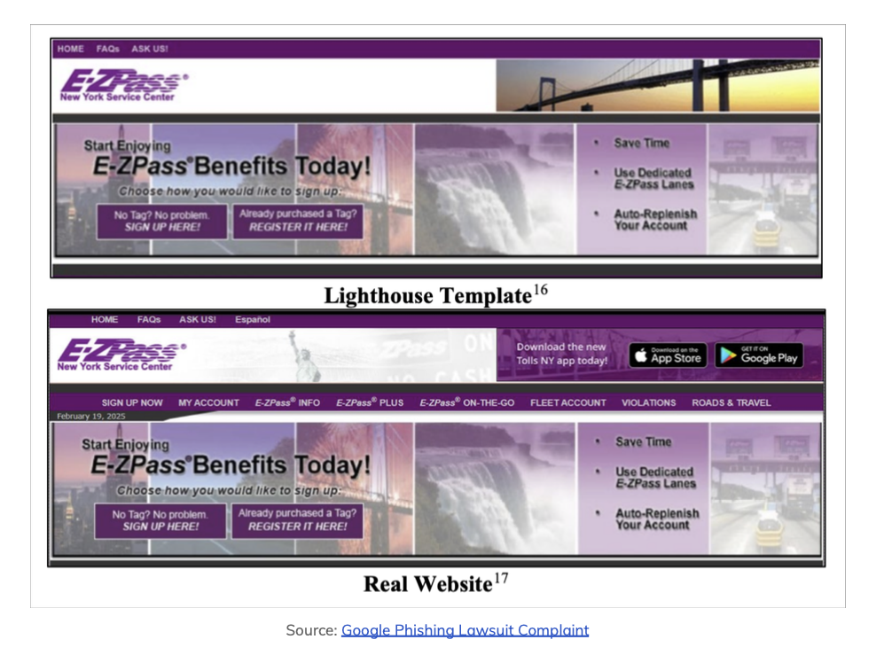 Comparison of a fake E-ZPass phishing site and the real E-ZPass website